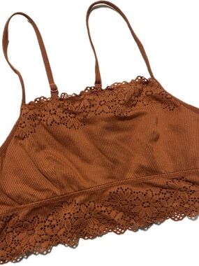 aerie Rust Brown Ribbed Lace-Trim Bralette